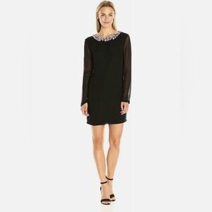 French Connection Black & Pink Embellished Long Sleeve Cocktail Dress